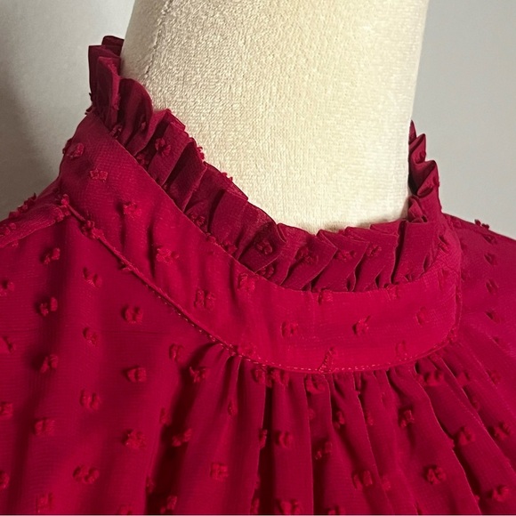 Trixxi High Neck Sheer Sleeve Dress Women M Red Magenta Tiered Ruffle Zip Midi - Picture 5 of 10
